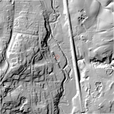 Shaded relief map of the ground around SK104XB, computed from Environment Agency LiDAR. The ground here sits at about 107 m above sea level and falls 41 m across the surrounding 800 m. Surface water reaching this point runs off ground lying to the west-south-west, 34.5 m higher.