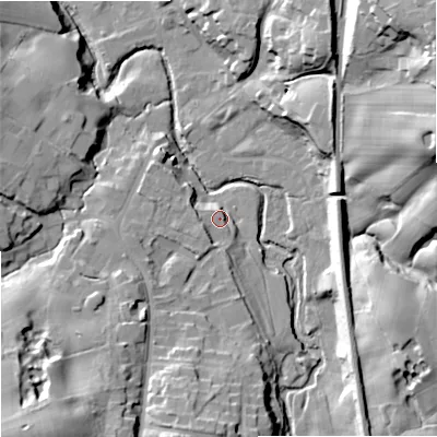 Shaded relief map of the ground around SK104XY, computed from Environment Agency LiDAR. The ground here sits at about 105 m above sea level and falls 36 m across the surrounding 800 m. Surface water reaching this point runs off ground lying to the south-west, 29.3 m higher.