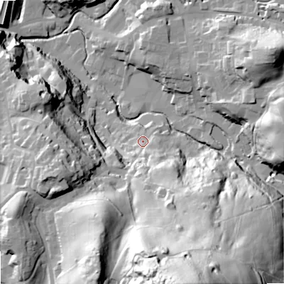 Shaded relief map of the ground around SK105BN, computed from Environment Agency LiDAR. The ground here sits at about 158 m above sea level and falls 121 m across the surrounding 800 m. Surface water reaching this point runs off ground lying to the south-south-east, 98.8 m higher.