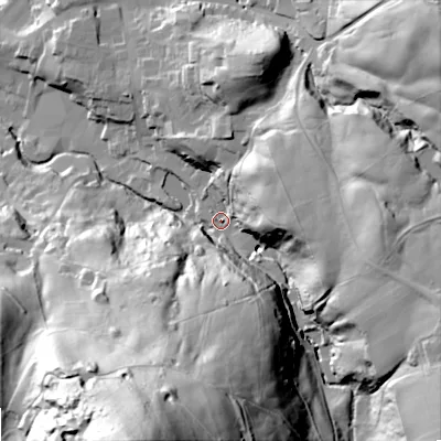 Shaded relief map of the ground around SK105BP, computed from Environment Agency LiDAR. The ground here sits at about 157 m above sea level and falls 131 m across the surrounding 800 m. Surface water reaching this point runs off ground lying to the south-south-west, 115.2 m higher.