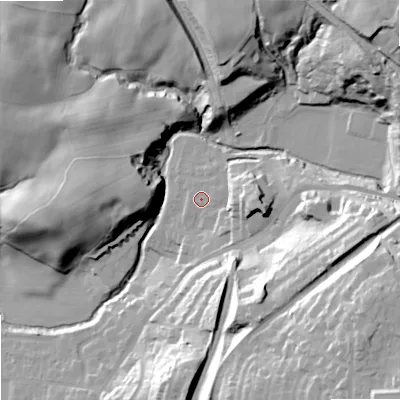 Shaded relief map of the ground around SK105DB, computed from Environment Agency LiDAR. The ground here sits at about 135 m above sea level and falls 50 m across the surrounding 800 m. Surface water reaching this point runs off ground lying to the east, 13.0 m higher.