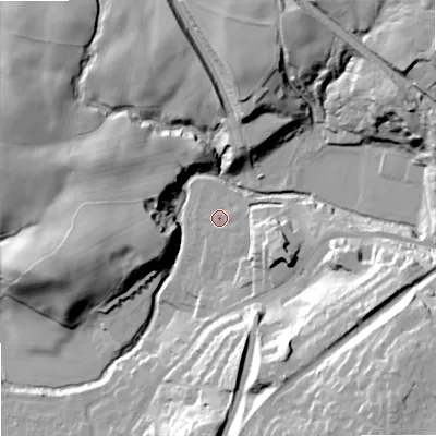 Shaded relief map of the ground around SK105DF, computed from Environment Agency LiDAR. The ground here sits at about 134 m above sea level and falls 48 m across the surrounding 800 m. Surface water reaching this point runs off ground lying to the east-south-east, 1.4 m higher.
