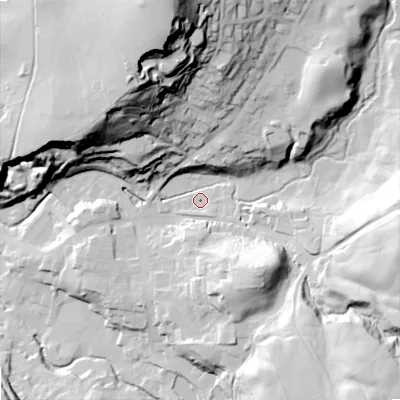 Shaded relief map of the ground around SK105DG, computed from Environment Agency LiDAR. The ground here sits at about 156 m above sea level and falls 94 m across the surrounding 800 m. Surface water reaching this point runs off ground lying to the north, 80.1 m higher.
