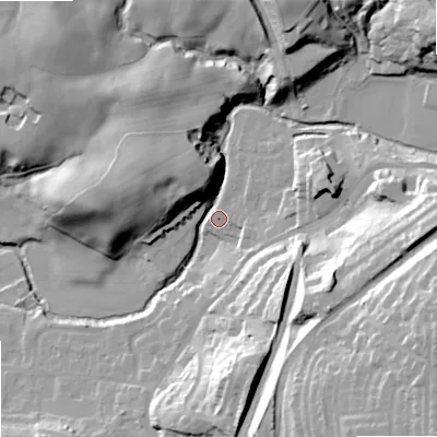 Shaded relief map of the ground around SK105DJ, computed from Environment Agency LiDAR. The ground here sits at about 133 m above sea level and falls 50 m across the surrounding 800 m. Surface water reaching this point runs off ground lying to the east, 34.2 m higher.