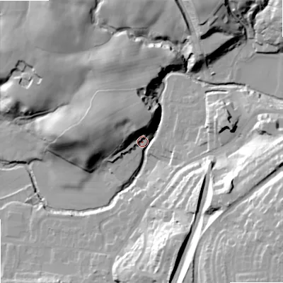 Shaded relief map of the ground around SK105DQ, computed from Environment Agency LiDAR. The ground here sits at about 134 m above sea level and falls 48 m across the surrounding 800 m. Surface water reaching this point runs off ground lying to the east, 34.0 m higher.