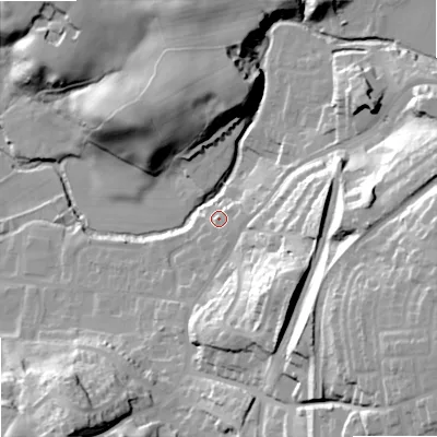 Shaded relief map of the ground around SK105JQ, computed from Environment Agency LiDAR. The ground here sits at about 134 m above sea level and falls 46 m across the surrounding 800 m. Surface water reaching this point runs off ground lying to the east-south-east, 3.7 m higher.