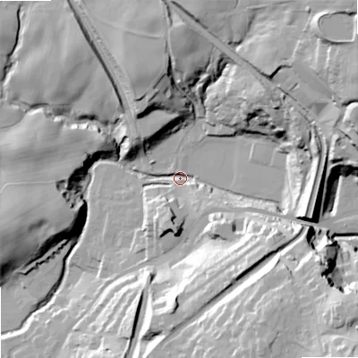 Shaded relief map of the ground around SK105JT, computed from Environment Agency LiDAR. The ground here sits at about 134 m above sea level and falls 57 m across the surrounding 800 m. Surface water reaching this point runs off ground lying to the north-east, 30.3 m higher.