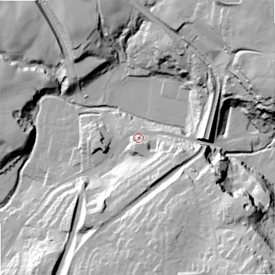 Shaded relief map of the ground around SK105JX, computed from Environment Agency LiDAR. The ground here sits at about 145 m above sea level and falls 64 m across the surrounding 800 m. Surface water reaching this point runs off ground lying to the south-east, 19.2 m higher.