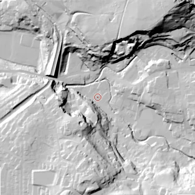 Shaded relief map of the ground around SK105PB, computed from Environment Agency LiDAR. The ground here sits at about 142 m above sea level and falls 84 m across the surrounding 800 m. Surface water reaching this point runs off ground lying to the south-east, 53.3 m higher.