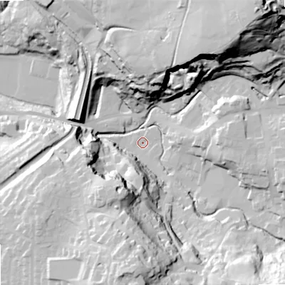 Shaded relief map of the ground around SK105PD, computed from Environment Agency LiDAR. The ground here sits at about 141 m above sea level and falls 86 m across the surrounding 800 m. Surface water reaching this point runs off ground lying to the south, 53.5 m higher.