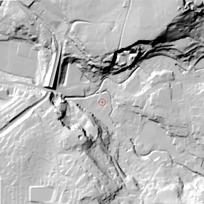 Shaded relief map of the ground around SK105PE, computed from Environment Agency LiDAR. The ground here sits at about 142 m above sea level and falls 87 m across the surrounding 800 m. Surface water reaching this point runs off ground lying to the south, 52.9 m higher.