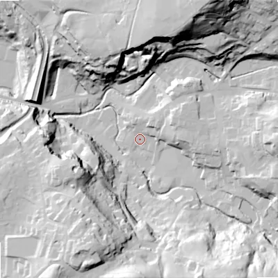 Shaded relief map of the ground around SK105PH, computed from Environment Agency LiDAR. The ground here sits at about 145 m above sea level and falls 80 m across the surrounding 800 m. Surface water reaching this point runs off ground lying to the south-east, 54.8 m higher.
