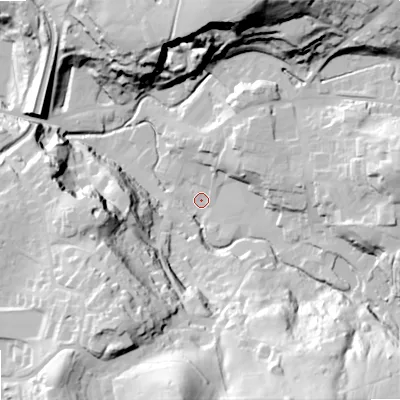 Shaded relief map of the ground around SK105PJ, computed from Environment Agency LiDAR. The ground here sits at about 144 m above sea level and falls 71 m across the surrounding 800 m. Surface water reaching this point runs off ground lying to the south, 64.3 m higher.