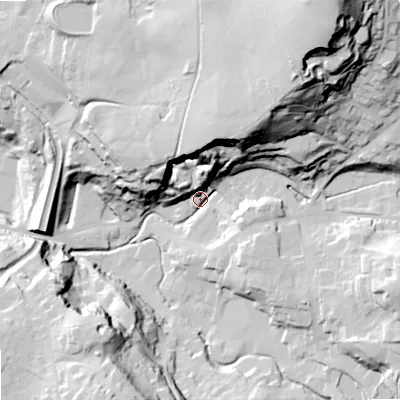 Shaded relief map of the ground around SK105PS, computed from Environment Agency LiDAR. The ground here sits at about 146 m above sea level and falls 98 m across the surrounding 800 m. Surface water reaching this point runs off ground lying to the north-east, 95.6 m higher.