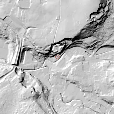 Shaded relief map of the ground around SK105PU, computed from Environment Agency LiDAR. The ground here sits at about 144 m above sea level and falls 98 m across the surrounding 800 m. Surface water reaching this point runs off ground lying to the north-east, 79.6 m higher.