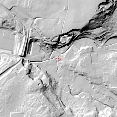 Shaded relief map of the ground around SK105PW, computed from Environment Agency LiDAR. The ground here sits at about 144 m above sea level and falls 94 m across the surrounding 800 m. Surface water reaching this point runs off ground lying to the south-south-west, 53.4 m higher.