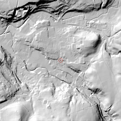 Shaded relief map of the ground around SK105QD, computed from Environment Agency LiDAR. The ground here sits at about 155 m above sea level and falls 72 m across the surrounding 800 m. Surface water reaching this point runs off ground lying to the east-north-east, 24.9 m higher.