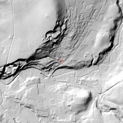 Shaded relief map of the ground around SK105QU, computed from Environment Agency LiDAR. The ground here sits at about 169 m above sea level and falls 94 m across the surrounding 800 m. Surface water reaching this point runs off ground lying to the north-north-west, 68.8 m higher.