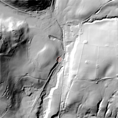 Shaded relief map of the ground around SK105RT, computed from Environment Agency LiDAR. The ground here sits at about 183 m above sea level and falls 83 m across the surrounding 800 m. Surface water reaching this point runs off ground lying to the west-north-west, 71.3 m higher.