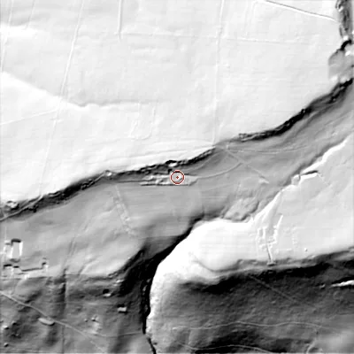 Shaded relief map of the ground around SK105RU, computed from Environment Agency LiDAR. The ground here sits at about 314 m above sea level and falls 161 m across the surrounding 800 m. Surface water reaching this point runs off ground lying to the north-north-east, 18.1 m higher.