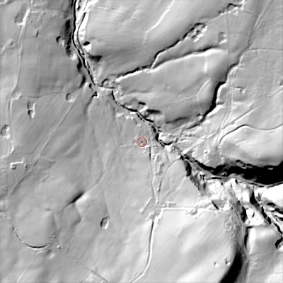 Shaded relief map of the ground around SK105SG, computed from Environment Agency LiDAR. The ground here sits at about 172 m above sea level and falls 85 m across the surrounding 800 m. Surface water reaching this point runs off ground lying to the south-south-east, 15.3 m higher.