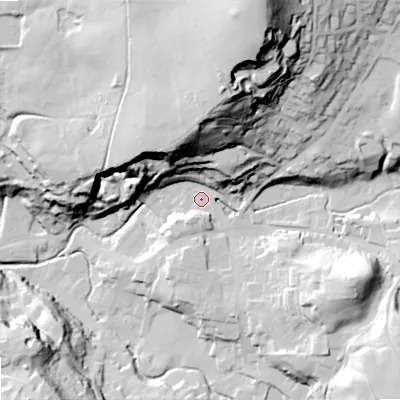 Shaded relief map of the ground around SK105SS, computed from Environment Agency LiDAR. The ground here sits at about 154 m above sea level and falls 97 m across the surrounding 800 m. Surface water reaching this point runs off ground lying to the north-north-east, 84.0 m higher.