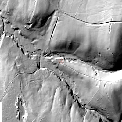 Shaded relief map of the ground around SK105XL, computed from Environment Agency LiDAR. The ground here sits at about 313 m above sea level and falls 95 m across the surrounding 800 m. Surface water reaching this point runs off ground lying to the east-north-east, 76.0 m higher.
