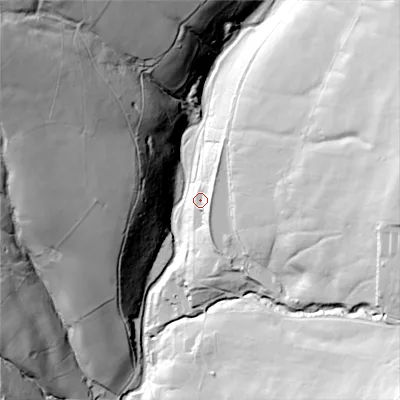 Shaded relief map of the ground around SK110BD, computed from Environment Agency LiDAR. The ground here sits at about 284 m above sea level and falls 113 m across the surrounding 800 m. Surface water reaching this point runs off ground lying to the east, 17.4 m higher.