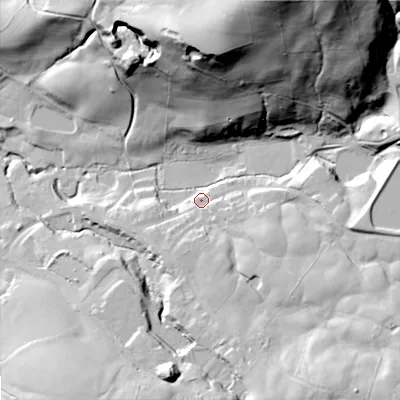 Shaded relief map of the ground around SK110BU, computed from Environment Agency LiDAR. The ground here sits at about 186 m above sea level and falls 100 m across the surrounding 800 m. Surface water reaching this point runs off ground lying to the south-east, 25.7 m higher.