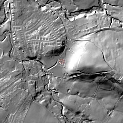 Shaded relief map of the ground around SK110DS, computed from Environment Agency LiDAR. The ground here sits at about 177 m above sea level and falls 65 m across the surrounding 800 m. Surface water reaching this point runs off ground lying to the east, 31.1 m higher.