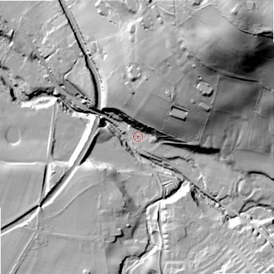 Shaded relief map of the ground around SK110HQ, computed from Environment Agency LiDAR. The ground here sits at about 154 m above sea level and falls 97 m across the surrounding 800 m. Surface water reaching this point runs off ground lying to the north-east, 91.1 m higher.