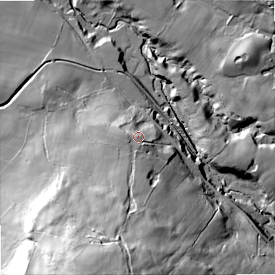 Shaded relief map of the ground around SK110HR, computed from Environment Agency LiDAR. The ground here sits at about 205 m above sea level and falls 77 m across the surrounding 800 m. Surface water reaching this point runs off ground lying to the south, 45.0 m higher.