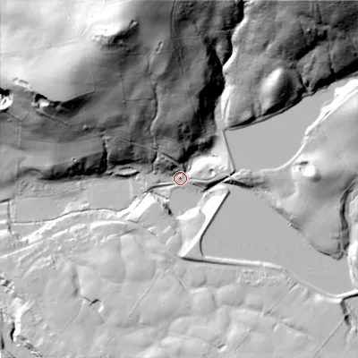 Shaded relief map of the ground around SK110NB, computed from Environment Agency LiDAR. The ground here sits at about 191 m above sea level and falls 112 m across the surrounding 800 m. Surface water reaching this point runs off ground lying to the north, 77.0 m higher.