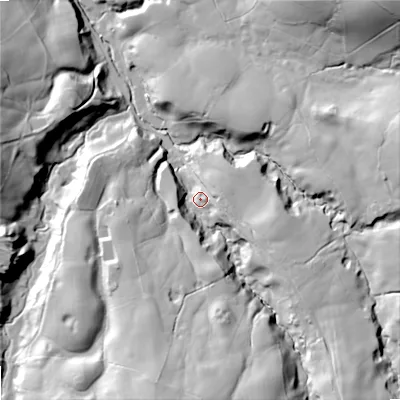 Shaded relief map of the ground around SK110NN, computed from Environment Agency LiDAR. The ground here sits at about 211 m above sea level and falls 52 m across the surrounding 800 m. Surface water reaching this point runs off ground lying to the south, 37.1 m higher.