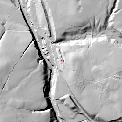 Shaded relief map of the ground around SK110PB, computed from Environment Agency LiDAR. The ground here sits at about 140 m above sea level and falls 68 m across the surrounding 800 m. Surface water reaching this point runs off ground lying to the south-east, 12.0 m higher.