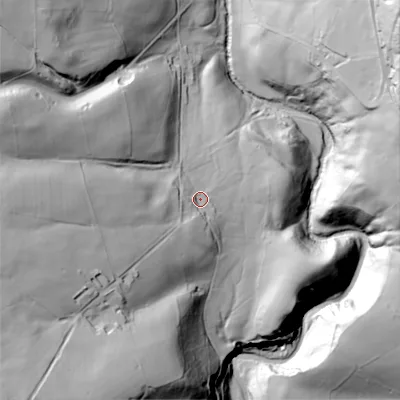 Shaded relief map of the ground around SK110QJ, computed from Environment Agency LiDAR. The ground here sits at about 245 m above sea level and falls 94 m across the surrounding 800 m. Surface water reaching this point runs off ground lying to the west-south-west, 49.1 m higher.