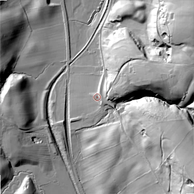 Shaded relief map of the ground around SK110RH, computed from Environment Agency LiDAR. The ground here sits at about 170 m above sea level and falls 75 m across the surrounding 800 m. Surface water reaching this point runs off ground lying to the east-south-east, 47.0 m higher.