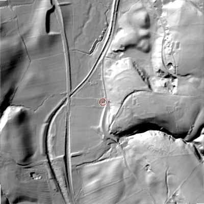 Shaded relief map of the ground around SK110RP, computed from Environment Agency LiDAR. The ground here sits at about 165 m above sea level and falls 71 m across the surrounding 800 m. Surface water reaching this point runs off ground lying to the south-east, 56.8 m higher.