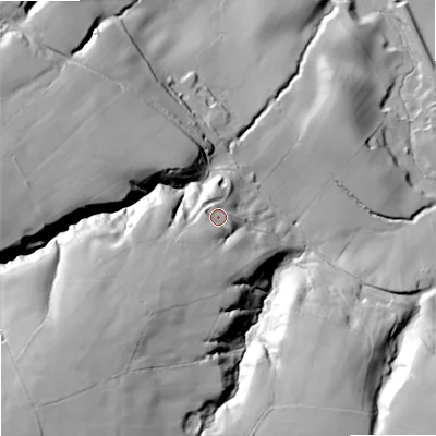 Shaded relief map of the ground around SK110RS, computed from Environment Agency LiDAR. The ground here sits at about 184 m above sea level and falls 88 m across the surrounding 800 m. Surface water reaching this point runs off ground lying to the south-west, 38.3 m higher.