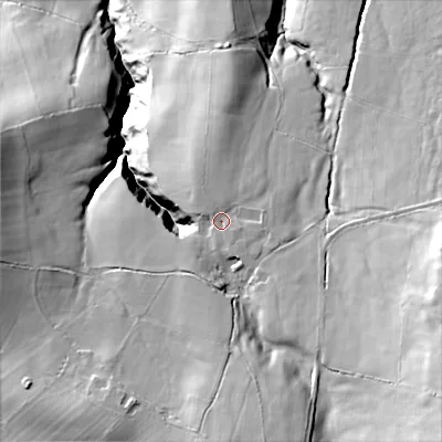 Shaded relief map of the ground around SK110SJ, computed from Environment Agency LiDAR. The ground here sits at about 263 m above sea level and falls 82 m across the surrounding 800 m. Surface water reaching this point runs off ground lying to the south-east, 10.4 m higher.