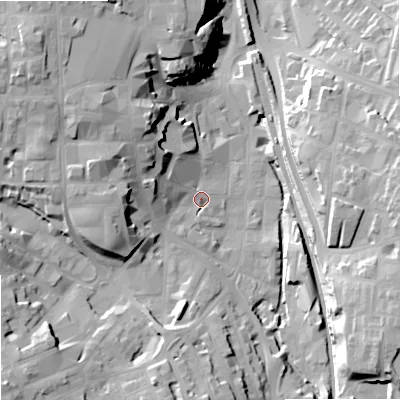 Shaded relief map of the ground around SK116HB, computed from Environment Agency LiDAR. The ground here sits at about 134 m above sea level and falls 27 m across the surrounding 800 m. Surface water reaching this point runs off ground lying to the west-north-west, 11.2 m higher.