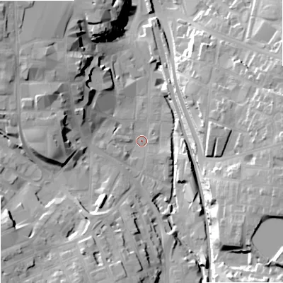 Shaded relief map of the ground around SK116HN, computed from Environment Agency LiDAR. The ground here sits at about 133 m above sea level and falls 27 m across the surrounding 800 m. Surface water reaching this point runs off ground lying to the north-west, 22.1 m higher.