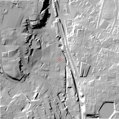 Shaded relief map of the ground around SK116HS, computed from Environment Agency LiDAR. The ground here sits at about 132 m above sea level and falls 30 m across the surrounding 800 m. Surface water reaching this point runs off ground lying to the east-south-east, 27.9 m higher.