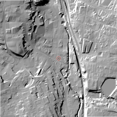 Shaded relief map of the ground around SK116HW, computed from Environment Agency LiDAR. The ground here sits at about 134 m above sea level and falls 28 m across the surrounding 800 m. Surface water reaching this point runs off ground lying to the north-west, 19.0 m higher.