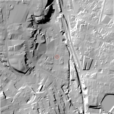 Shaded relief map of the ground around SK116HX, computed from Environment Agency LiDAR. The ground here sits at about 132 m above sea level and falls 27 m across the surrounding 800 m. Surface water reaching this point runs off ground lying to the north-west, 22.6 m higher.