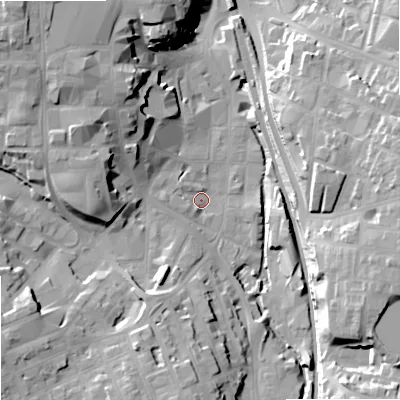 Shaded relief map of the ground around SK116HY, computed from Environment Agency LiDAR. The ground here sits at about 133 m above sea level and falls 27 m across the surrounding 800 m. Surface water reaching this point runs off ground lying to the north-west, 22.0 m higher.