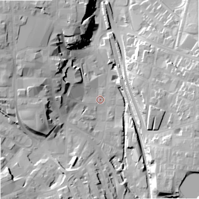 Shaded relief map of the ground around SK116JB, computed from Environment Agency LiDAR. The ground here sits at about 132 m above sea level and falls 28 m across the surrounding 800 m. Surface water reaching this point runs off ground lying to the north-west, 22.7 m higher.
