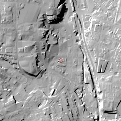 Shaded relief map of the ground around SK116JD, computed from Environment Agency LiDAR. The ground here sits at about 134 m above sea level and falls 27 m across the surrounding 800 m. Surface water reaching this point runs off ground lying to the west-north-west, 11.2 m higher.