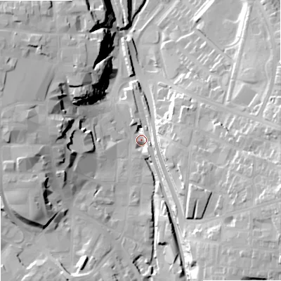 Shaded relief map of the ground around SK116JF, computed from Environment Agency LiDAR. The ground here sits at about 131 m above sea level and falls 32 m across the surrounding 800 m. Surface water reaching this point runs off ground lying to the east-south-east, 29.8 m higher.