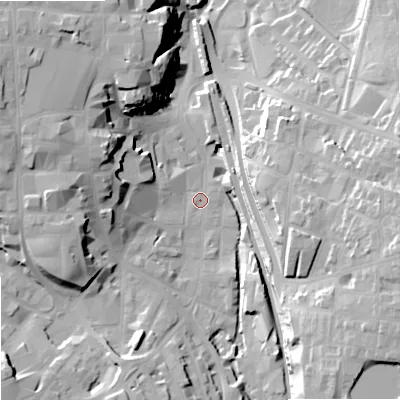 Shaded relief map of the ground around SK116JL, computed from Environment Agency LiDAR. The ground here sits at about 132 m above sea level and falls 30 m across the surrounding 800 m. Surface water reaching this point runs off ground lying to the north-west, 22.3 m higher.